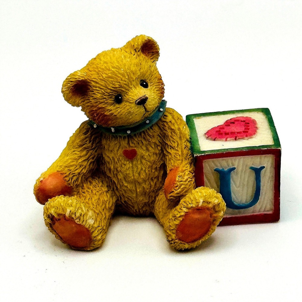 1995 Enesco Cherished Teddies Priscilla Hillman Bear Alphabet Letter U Block Vtg